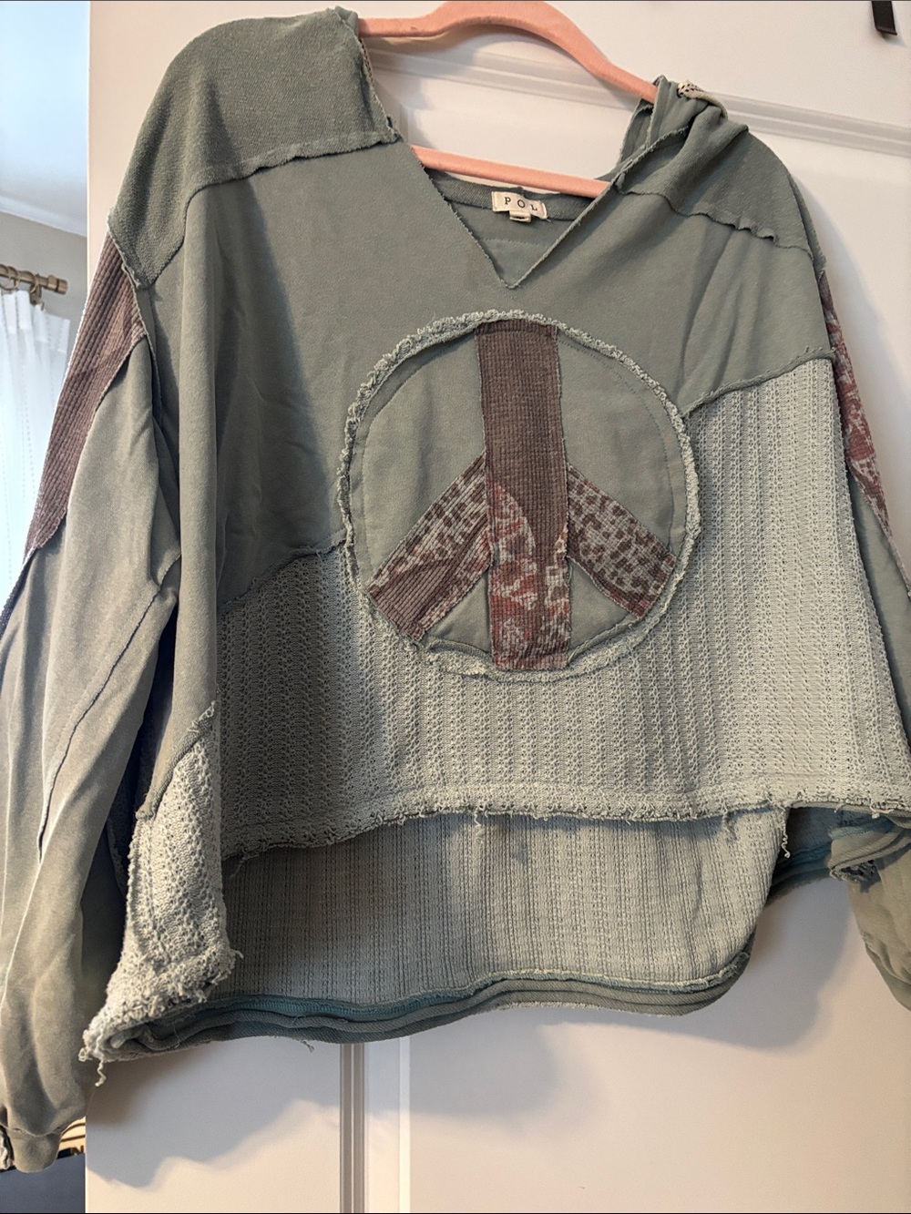 POL Sage Green Patchwork Peace Sign Hoodie size M EUC